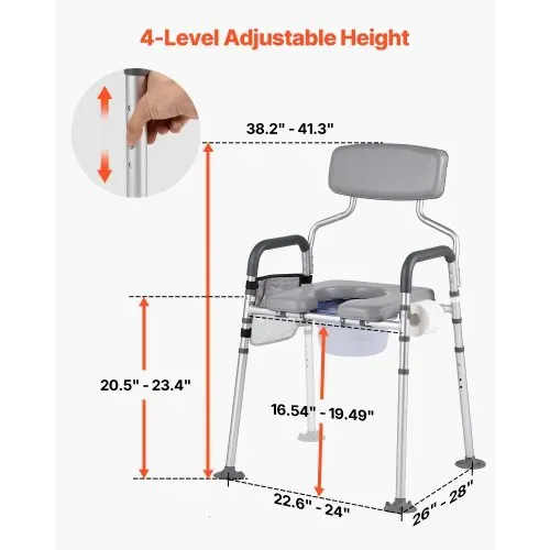 VEVOR Nachttoilettenstuhl 227 kg belastbar, Toilettensitzerhöhung mit gepolsterter Sitzfläche & Rückenlehne, abnehmbarer 5 L Eimer, Toilettenstuhl (Höhe und Breite einstellbar) für Erwachsene – Bild 2