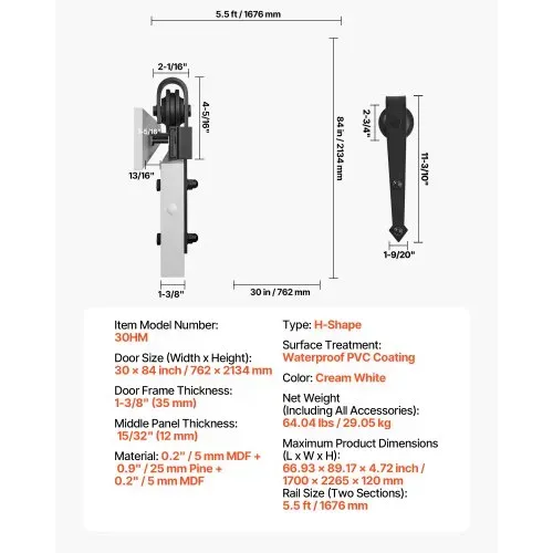 VEVOR Schiebetür im Scheunenstil Schiebetürsystem (762 x 2134 mm) aus hochfesten MDF-Platten, Scheunentor mit Hardware-Kit & wasserfester PVC-Oberfläche & H-Rahmen für Wohnzimmer Badezimmer Weiß – Bild 6