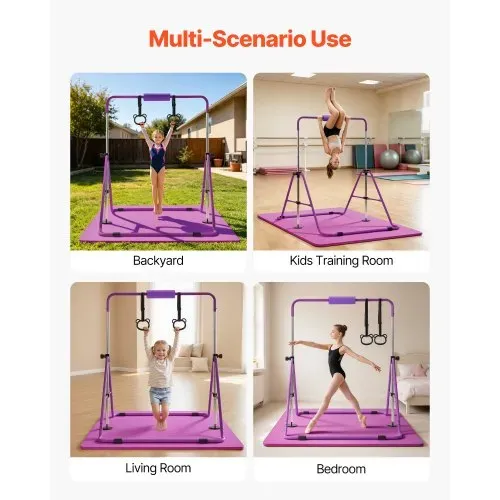 VEVOR Gymnastikstange für Kinder mit 63,5 kg Tragkraft, Klappbares Turnreck mit Matte, Höhenverstellbare Turnstange für Indoor- und Outdoor-Training, Heimtrainingsgerät für Kinderturnen zu Hause, Lila – Bild 6