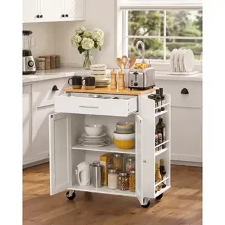 VEVOR Kücheninselwagen mit 1 Schublade und 2 Türen Weiß Mobile Kücheninsel, Küchenwagen mit Gewürzhalter, Handtuchhalter und Tischplatte (640 x 380 x 15 mm) fürs Esszimmer, Servierwagen VEVOR Kücheninselwagen mit 1 Schublade und 2 Türen Weiß Mobile Kücheninsel, Küchenwagen mit Gewürzhalter, Handtuchhalter und Tischplatte (640 x 380 x 15 mm) fürs Esszimmer, Servierwagen