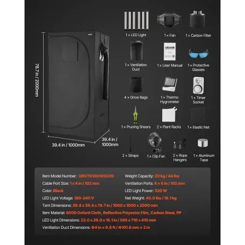 VEVOR Growzelt-Set, 100x100x200 cm, Gewächshauszelt mit Vollspektrum-LED-Zuchtlicht & Belüftungssystem, Pflanzenzelt 600D hochreflektierendes Mylar, Anzuchtzelte für Blumen und Gemüse – Bild 2