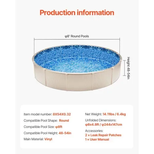VEVOR Runde Poolfolie, φ244x147 cm, Innenfolie, Ersatzfolie, Innenhülle, Schwimmbadfolie, Folie aus Vinyl im Überlappungsstil mit Standardstärke, verschleißfest, für Aufstellpools mit 137 cm Wandhöhe – Bild 6