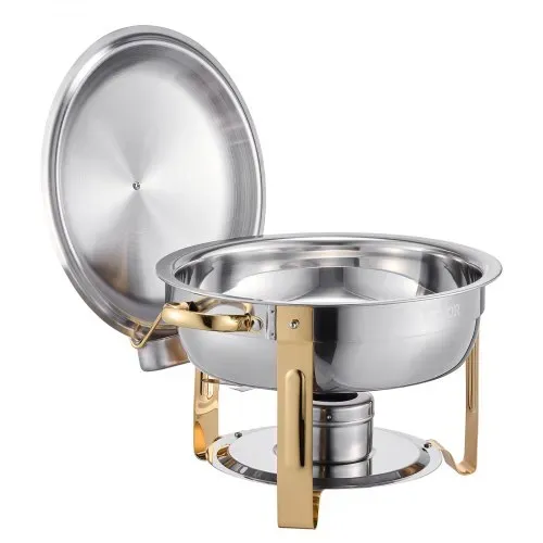 VEVOR Chafing Dish Buffet Speisenwärmer mit 4 Behältern in voller Größe (4,7 L pro), runder Catering-Wärmespender mit Deckel & Wasserpfanne & klappbarer Ständer, für Hochzeiten Partys Golden – Bild 10