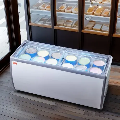 VEVOR Kommerzielle Eiscreme-Vitrine, 567 L Gefriertruhe, Mobiler Tiefkühlschrank mit Glasplatte, Restaurant-Gelato-Tauchschrank mit 12 Großen Behältern, 2 Glasschiebetüren, Feststellrollen, Weiß – Bild 7