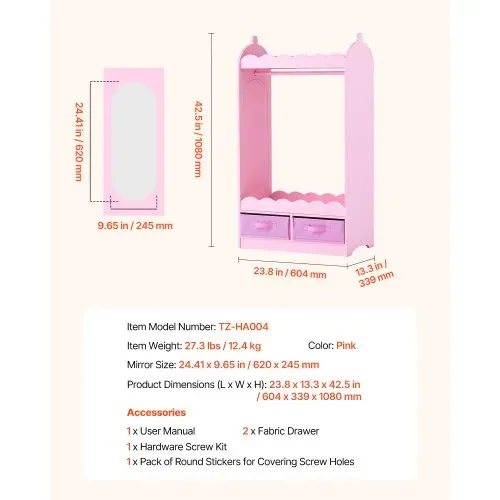 VEVOR Kinderkleiderschrank 604x339x1080mm, Kindergarderobe mit Spiegel Kleiderstange Ablagen, Verkleidungsschrank aus MDF mit Stoffschubladen für Mädchen, Kinderschrank für Kostüme Schlafzimmer, Rosa – Bild 6