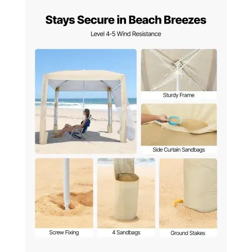 VEVOR Strand-Cabana, 2,4 x 2,4 m Strandüberdachung mit Seitenwand, UPF 50+ Sonnenschutz, Strandpavillon mit Sandsäcken, höhenverstellbarer & tragbarer Sonnenschutz für Familie und Freunde, Khaki – Bild 2