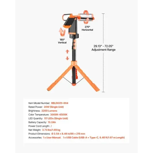 VEVOR Baustrahler LED mit Stativ, Arbeitsleuchte, 13,2 Ah, wiederaufladbares Campinglicht, mit 3 Lampenköpfen, abnehmbarem Stativständer, 2200 LM 3000 K-6500 K dimmbar, Beleuchtung für Baustelle – Bild 6