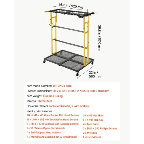 VEVOR Gartengeräte Ständer 920x560x1010mm Gerätehalter mit Rollen Schwarz, Aufbewahrungsregal für Garage Schuppen Garten, Organizer aus Stahl für Besen Mopp Rechen, 2-in-1 mit Schlitze & Klemmsystem – Bild 6