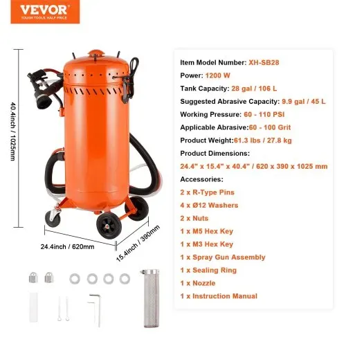 VEVOR 28 Gallonen Vakuum-Sandstrahler, staubfreier Sandstrahler mit eingebautem 1200 W Vakuumsystem zur Staubkontrolle und Strahlmittelrückführung, 60-110 PSI Hochleistungs-Strahlgerät – Bild 6