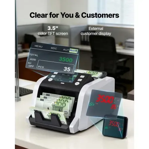 VEVOR Geldzählmaschine, 1200 Banknoten pro Minute, Banknotenzählmaschine mit Wertzählung, UV/MG/IR/DD/DBL/HLF/CHN-Fälschungserkennung, TFT-Display, für Gemischte Stückelungen von Dollar & Euro – Bild 4