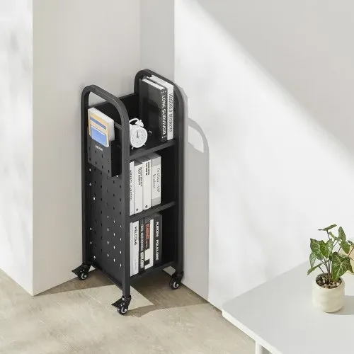 VEVOR Bücherwagen, 100 kg Tragkraft, Bibliothekswagen, 32 x 35 x 93,5 cm, einseitiges L-förmiges Bücherregal mit Doppelbremsrollen, Bücherregalwagen für Wohnzimmer, Büro, Schule, Schwarz – Bild 7
