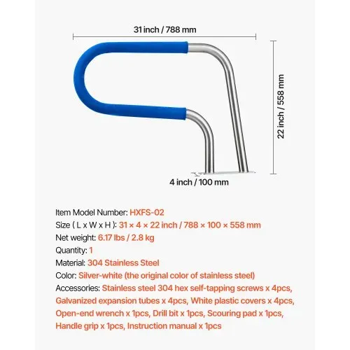 VEVOR Schwimmbad Handlauf, 788x100x558 mm, 100 kg Tragkraft, Pool Haltegriff aus Edelstahl 304, abnehmbare rutschfeste Hülle, umfangreiches Zubehör, für Poolbereiche, Wasserparks & Spa-Zentren – Bild 6