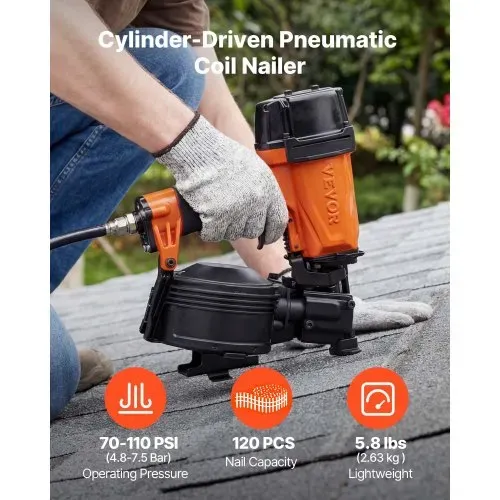 VEVOR Druckluft-Coilnagler CN45C, 15° Druckluftnagler für 19-45 mm Nägel 4,8-7,5 Bar Zylinderbetriebener Drucklufttacker mit 120 Magazinkapazität, Nagelpistole mit Kontaktauslöser für Dachschalung VEVOR Druckluft-Coilnagler CN45C, 15° Druckluftnagler für 19-45 mm Nägel 4,8-7,5 Bar Zylinderbetriebener Drucklufttacker mit 120 Magazinkapazität, Nagelpistole mit Kontaktauslöser für Dachschalung