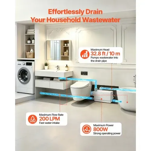 VEVOR Fäkalienhebeanlage 800 W 12000 L/h 10 m Förderhöhe mit 4 Einlässen, Weiße Abwasserhebeanlage Geeignet für Keller, WC, Waschbecken, Waschküche und Küche, Zackerpumpe mit Seitlichen Einlässen – Bild 4