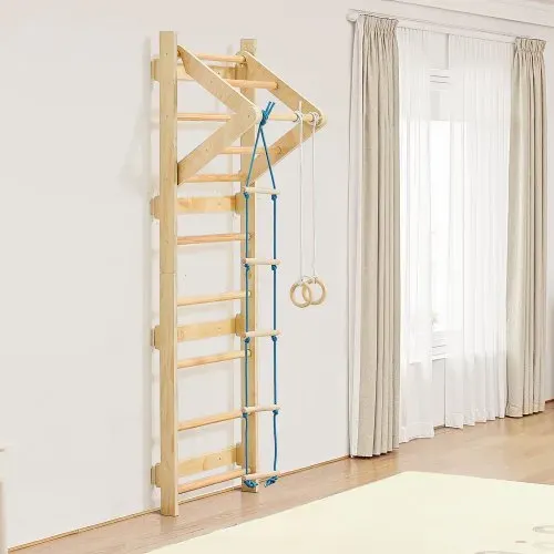VEVOR schwedische Leiterwand 4 in 1 8-stufiges Kletterspielzeug aus Massivholz 100 kg belastbares Indoor-Klettergerüst mit Turnringen Klimmzugstange Strickleiter Wandleiter – Bild 7