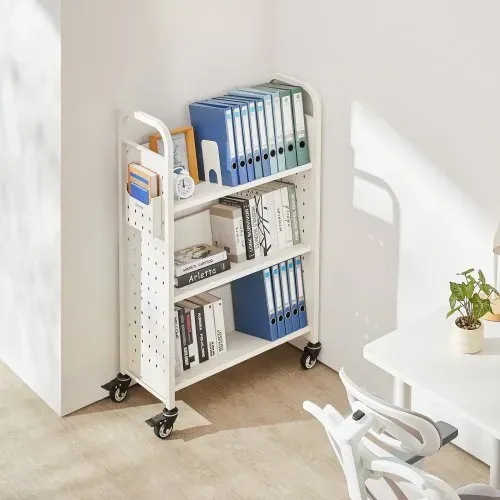 VEVOR Bücherwagen, 150 kg Tragkraft, Bibliothekswagen, 77 x 38 x 122 cm, einseitiges V-förmiges Bücherregal mit Doppelbremsrollen, für Wohnzimmer, Büro, Schule, Weiß – Bild 7
