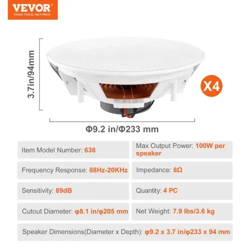 VEVOR 4er-Set ca. 20 cm Deckenlautsprecher, 100 W, Decken- und Wandeinbaulautsprechersystem mit 8 Ω Impedanz 89 dB Empfindlichkeit, für Zuhause, Küche, Wohnzimmer, Schlafzimmer oder überdachte Verande – Bild 6
