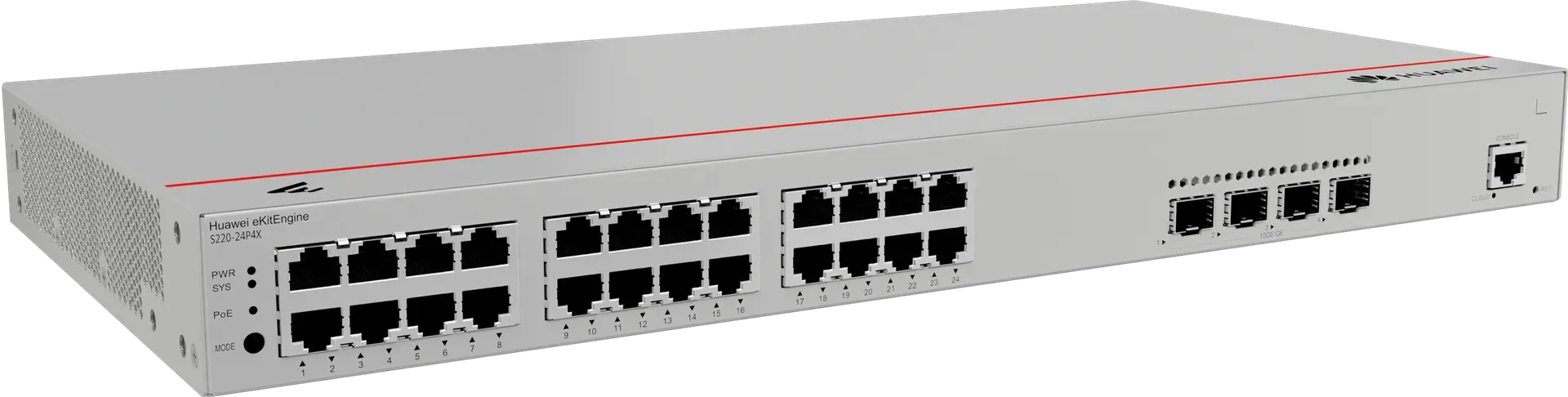 Huawei Switch full managed L2 28 Port • 24x GbE • PoE Budget 400W • 24x PoE at • 4x SFP+ • 19″ • S220-24P4X • eKit Huawei Switch full managed L2 28 Port • 24x GbE • PoE Budget 400W • 24x PoE at • 4x SFP+ • 19″ • S220-24P4X • eKit