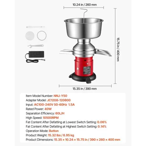 VEVOR Elektrischer Milchabscheider 40 W, 60 L/H Milchseparator mit Runder Standfuß Tastensteuerung, 10500 U/min Trennmaschine für Milch, Milchzentrifuge aus 304 Edelstahl mit 4,5L Milchtank für Küche – Bild 6