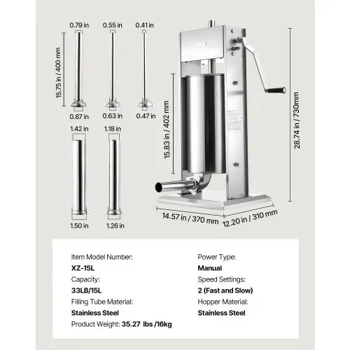 VEVOR Manueller Wurstfüller 15 L, Vertikale Wurstfüllmaschine mit 2 Geschwindigkeiten (Schnell/Langsam) & 5 Füllrohren & Griff, Fleischfüller aus Edelstahl für Gewerblichen & Privaten Gebrauch – Bild 6