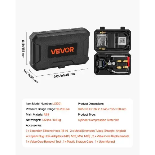 VEVOR Druckverlustprüfer für Motorenzylinder 10-200 psi Manometerbereich, Zylinderdrucktester mit 4 Adaptern Abgewinkelten Verlängerten Metallrohren & Tragekoffer, Kraftfahrzeug Kompressionsprüfset – Bild 6