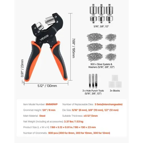 VEVOR Ösenzange 900 tlg. Set Ösen 8mm 10mm 12mm Magnetische Ösenpresse, Ösenstanze aus Stahl mit Magnetkopf Rutschfester Griff Geeignet für Leder Planen Schuhe Bastelarbeiten & Stoff – Bild 6