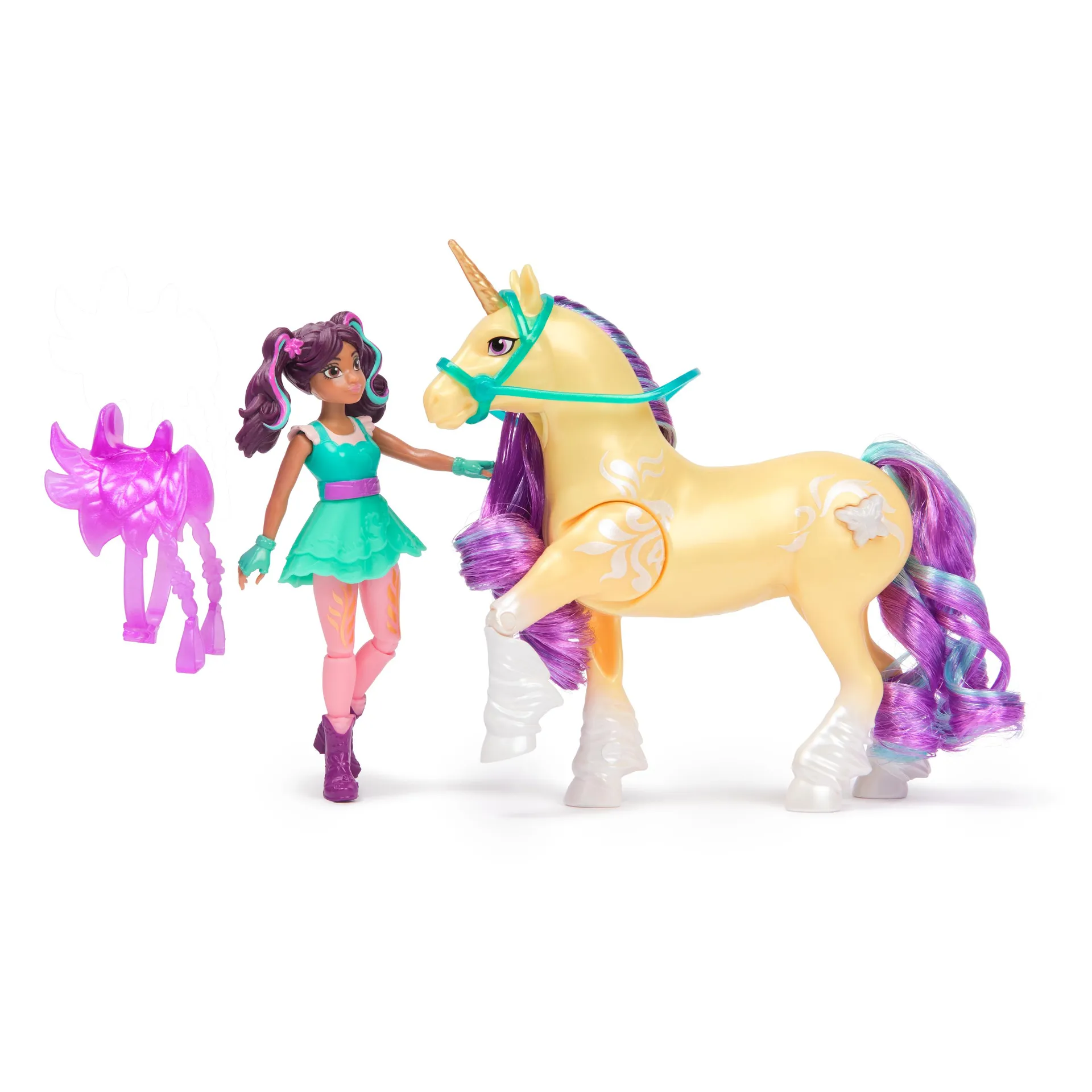 Unicorn Academy Set - Ava und Pflanzen-Magie Leaf mit echter Mähne und Schweif sowie magischer Leuchtfunktion, ca. 12 cm große Originalfiguren zur beliebten Netflix Serie – Bild 2