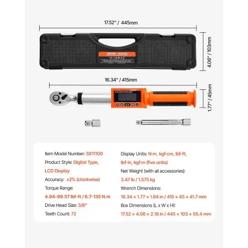 VEVOR digitaler Drehmomentschlüssel Set mit 3/8 Zoll Antrieb (6,7–135 Nm) 72 Zähne ±2 % präziser elektronischer Drehmomentschlüssel mit voreingestelltem Wert & LED-Benachrichtigung Autoreparatur – Bild 6