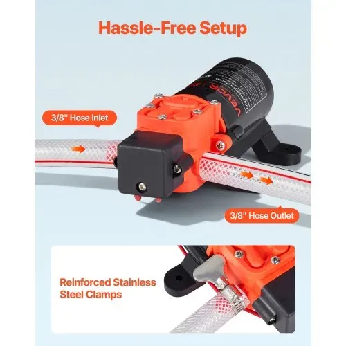 VEVOR Membranpumpe, 12 V DC, 4,5 L/min, selbstansaugende 2-Kammer-Membranwasserpumpe mit 2 Schlauchschellen, 5,5 bar max. Druck, leiser Betrieb, für Wohnmobil, Wohnwagen, Boot, Gartenbewässerung – Bild 3