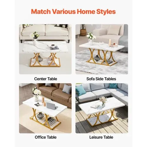 VEVOR Couchtisch Beistelltisch in Marmoroptik, zweistufiger rechteckiger Beistelltisch Sofatisch mit Metallgestell & geometrischen Beinen & 95 kg Tragkraft, minimalistischer Wohnzimmertisch Weiß – Bild 6