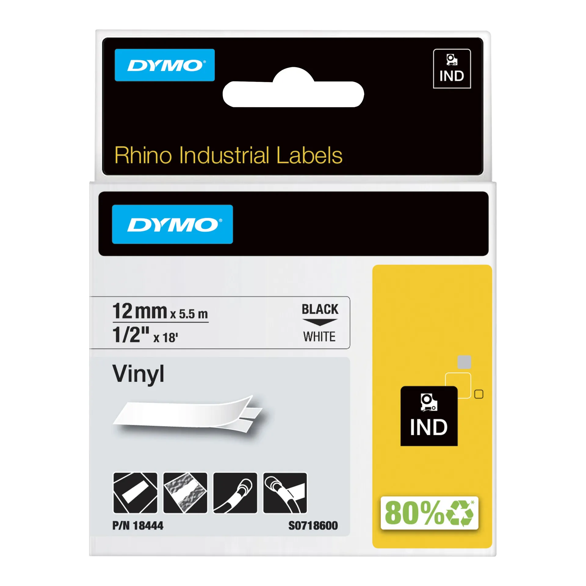 DYMO Rhino-Industrie-Vinyletiketten | 12 mm x 5,5 m | schwarz auf weiß | selbstklebendes Schriftband | für Rhino und LabelManager Beschriftungsgerät DYMO Rhino-Industrie-Vinyletiketten | 12 mm x 5,5 m | schwarz auf weiß | selbstklebendes Schriftband | für Rhino und LabelManager Beschriftungsgerät