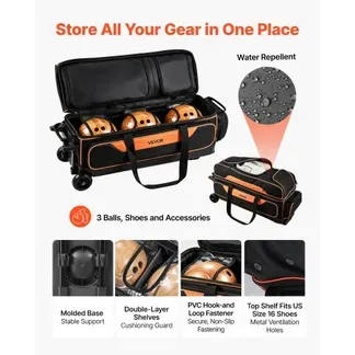VEVOR Bowlingtasche mit Rollen für 3 Kugeln 600D Oxford Orange Schwarz, für Schuhe bis US-Größe 16 und Zubehör, mit Teleskopgriff (bis zu 1016 mm), Doppellagigen Ablagen und Verstärkten Nähten VEVOR Bowlingtasche mit Rollen für 3 Kugeln 600D Oxford Orange Schwarz, für Schuhe bis US-Größe 16 und Zubehör, mit Teleskopgriff (bis zu 1016 mm), Doppellagigen Ablagen und Verstärkten Nähten