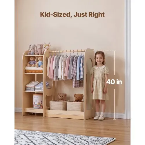 VEVOR Kinderkleiderschrank 120x40x106cm, Kindergarderobe mit Spiegel Kleiderstange Ablagen, Multiplexholz Verkleidungsschrank für Mädchen, Kinderschrank für Kostüme Dress-Up Schlafzimmer, Naturholz – Bild 3