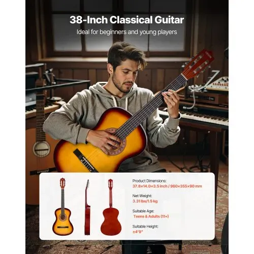 VEVOR Konzertgitarre, 960 mm, Holz-Klassikgitarren-Starter-Set für Anfänger, mit Nylonsaiten, Gigbag, Gurt, Stimmgerät, zusätzlicher Saite, Plektrum, Kapodaster, Linde, für Einsteiger, Sunburst – Bild 5