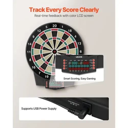 VEVOR Elektronische Dartscheibe, 393 mm E-Dartsboard mit 43 Spielen & über 320 Variationen für bis zu 8 Spieler, 6 Darts mit Flights & 50 Ersatz-Dartspitzen, Farb-LCD-Punkteanzeige – Bild 3