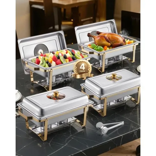 VEVOR Chafing Dish Set Speisenwärmer Edelstahl mit 4 Behältern in voller Größe (7,5 L pro), rechteckiger Wärmespender mit sichtbarem Deckel & Wasserpfannenständer & Brennstoffhalter, für Partys VEVOR Chafing Dish Set Speisenwärmer Edelstahl mit 4 Behältern in voller Größe (7,5 L pro), rechteckiger Wärmespender mit sichtbarem Deckel & Wasserpfannenständer & Brennstoffhalter, für Partys