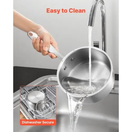VEVOR Kochtopf Kasserolle Stielkasserolle 1,42 L mit Glasdeckel, Suppentopf Gemüsetopf mit ergonomischem Griff, Milchtopf aus Edelstahl Gemüsetopf, Silber spülmaschinengeeignet Soßentopf – Bild 3