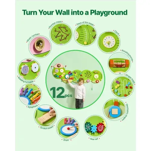 VEVOR 12-in-1 Montessori Busy Board, Montessori Motorikbrett für Bildung Frühe Entwicklung, Sensorisches Wandpaneel aus Holz für Kinder von 3-12 Jahren, Raupe-Wandspiel für Kindergarten Spielzimmer VEVOR 12-in-1 Montessori Busy Board, Montessori Motorikbrett für Bildung Frühe Entwicklung, Sensorisches Wandpaneel aus Holz für Kinder von 3-12 Jahren, Raupe-Wandspiel für Kindergarten Spielzimmer