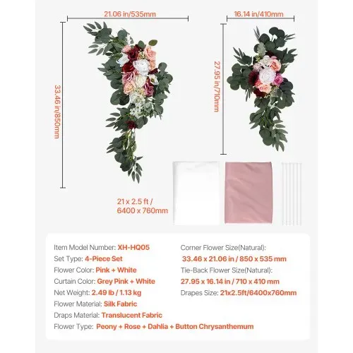 VEVOR Blumenset für Hochzeit Bogen, rosa Blumenset für Traubogen mit Vorhängen (4er-Set) – 2 Blumenarrangements, 2 transparente Vorhänge, für Zeremoniensträuße, Empfangshintergrunddekoration – Bild 6