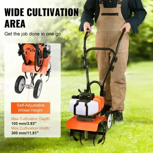 VEVOR Gartenfräse 43CC Hubraum Gasbetrieben Motorhacke 300mm Anbaubreite Motorfräse 100mm Kultivierungstiefe Bodenhacke Stahl Kultivierungsklinge Ackerfräse 1110x448x910mm Kultivator – Bild 3
