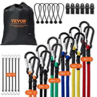VEVOR 30-teiliges Bungee-Seile-Sortiment, 8 mm robuste Bungee-Gurte mit A3-Stahlkarabinern, inkl. 10″, 18″, 24″, 36″, 48″, 60″, 72″, tragbare Aufbewahrungstasche, 6 Clips und Baldachin-Binder VEVOR 30-teiliges Bungee-Seile-Sortiment, 8 mm robuste Bungee-Gurte mit A3-Stahlkarabinern, inkl. 10″, 18″, 24″, 36″, 48″, 60″, 72″, tragbare Aufbewahrungstasche, 6 Clips und Baldachin-Binder