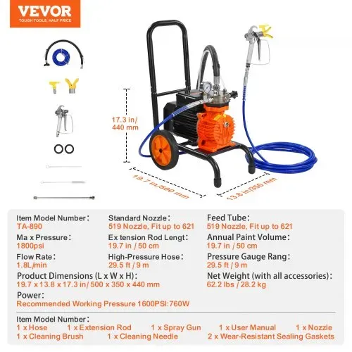 VEVOR Airless-Farbspritzgerät mit Membran, 900 W effizientes Airless-Farbspritzgerät mit Wagen, 1800 psi Airless-Farbspritzgerät, mit Verlängerungsstang, 1,8 L/min Hochdruck Airless Farbsprühsystem – Bild 6