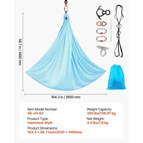 VEVOR Aerial Yoga Hängematte, max. Tragkraft 136,07 kg, Yoga-Schaukel mit Nylongewebe & Daisy Rope & PE-Reißverschlusstasche, Gymnastikschaukeln Doppelfunktion Anti-Gravity-Übungen Blau – Bild 6