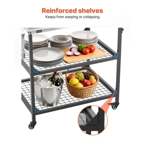 VEVOR Grillwagen Outdoor 80x61 cm (Tischplattengröße), Rollbarer Grilltisch mit seitlichem Griff & 2 Gitterablagen & 4 Rädern, Grillvorbereitungstisch Servierwagen für Picknick Küche Garten – Bild 4