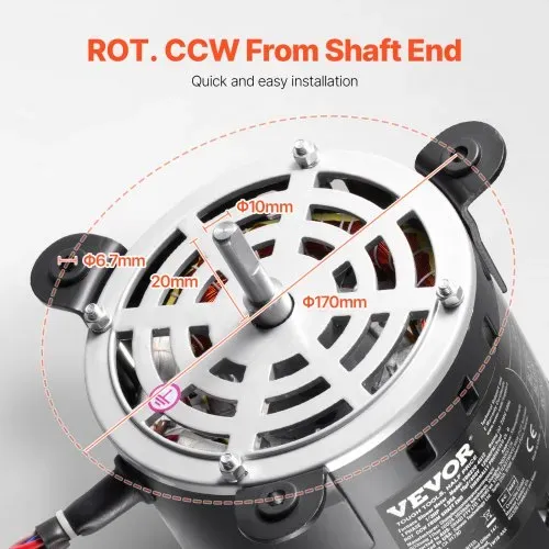 VEVOR 1/3 PS Gebläsemotor, 220 V, 1,95 A, 1250 U/min, 3 Gang (750/9501250 U/min), 10 mm Wellendurchmesser, 20 mm Wellenlänge, ROT. CCW vom Wellenende, inkl. CBB60 15 μF / 450 V Kondensator – Bild 4