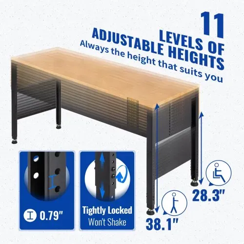 VEVOR Verstellbare Werkbank, 48" L x 20" B x 38,1" H Garagentisch mit 28,3"-38,1" Höhe und 2000 lbs Tragkraft, mit Steckdosen und Hartholzplatte und Metallrahmen und Fußpolstern, für Büro, Zuhause, Garage – Bild 2