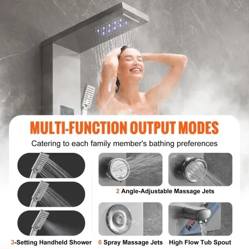 VEVOR Duschpaneelsystem, 6 Duschmodi, LED- und Bildschirm-Wasserkraft-Duschpaneelturm, Regenfall, Wasserfall, 8 Massagedüsen, Wannenauslauf, Handbrause, Wandduschset aus Edelstahl – Bild 3