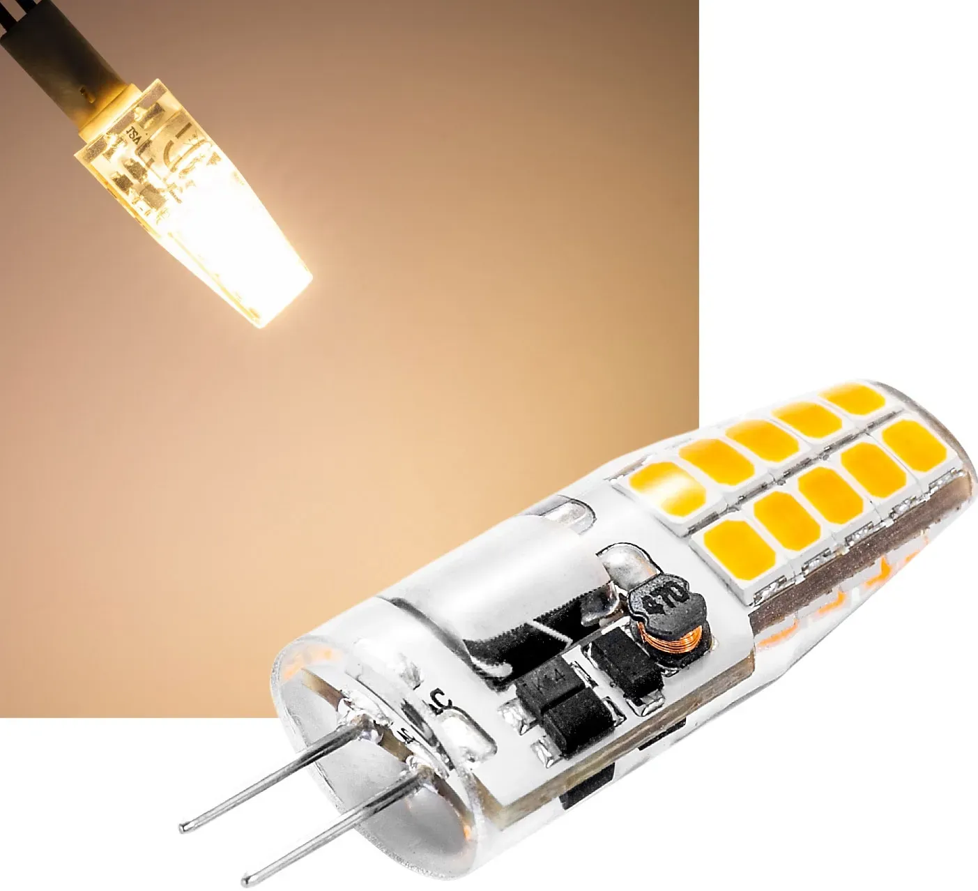 LED Stiftsockellampe G4 “Silikon W2” 3000k, 200lm, 300°, 12V/2W, warmweiß LED Stiftsockellampe G4 “Silikon W2” 3000k, 200lm, 300°, 12V/2W, warmweiß
