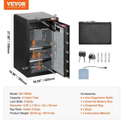 VEVOR Safe Tresor mit feuerfester Geldtasche, Einzeltür-Safe 113 L, 2 Trennwände, digitaler Möbeltresor mit Schlüssel und Code, Wertsachenbox für Geld und Schmuck, Geldtresor Schwarz – Bild 6