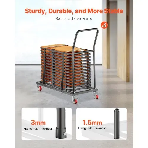 VEVOR Klappstuhlständer, 136 kg Tragkraft, L-förmiger horizontaler Stuhlwagen für 25 Stühle, robuster Stuhl-Aufbewahrungswagen aus Metall mit Gummirädern und -haltern, großer Stuhlhalter, Mattschwarz – Bild 2